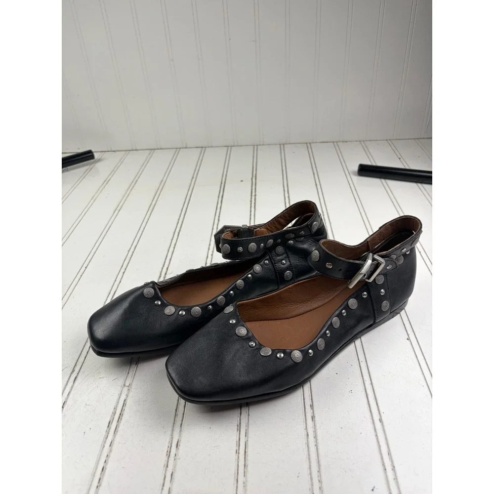 Free People Black Studded Mystic Mary Jane Leather Flats Women's Size US 6.5